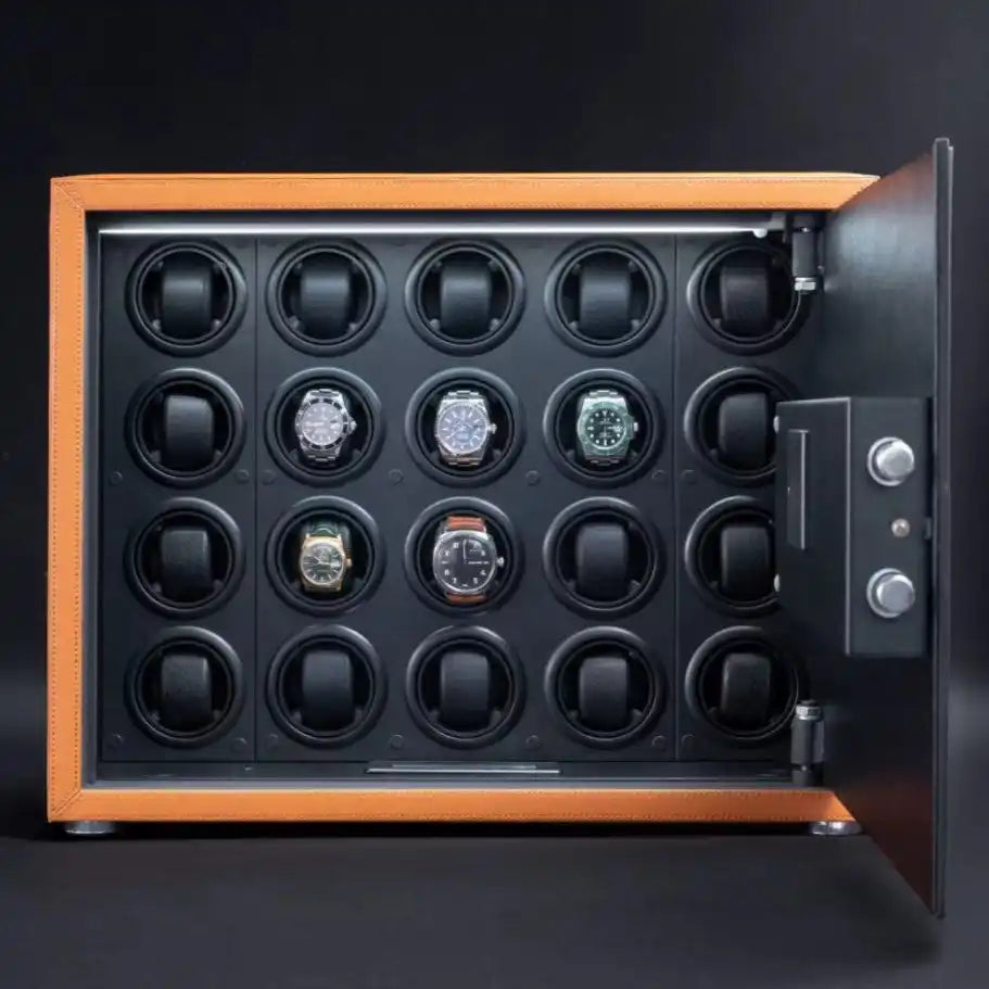 Orange-trimmed watch winder safe.